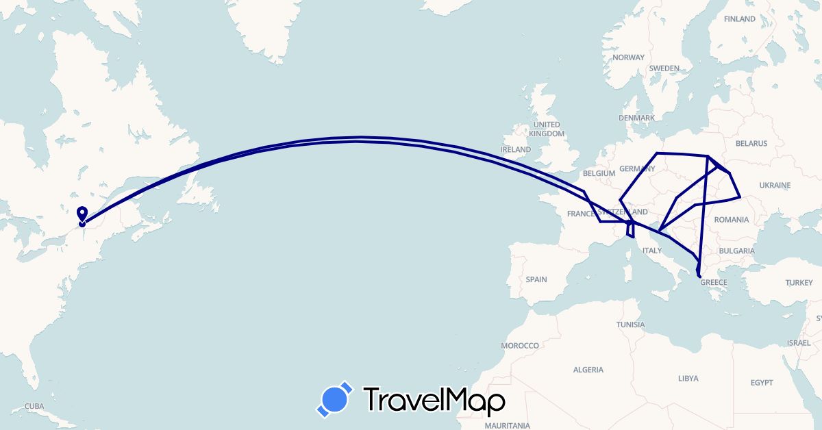 TravelMap itinerary: driving in Albania, Austria, Canada, Germany, France, Greece, Croatia, Hungary, Italy, Montenegro, Poland, Romania, Ukraine (Europe, North America)